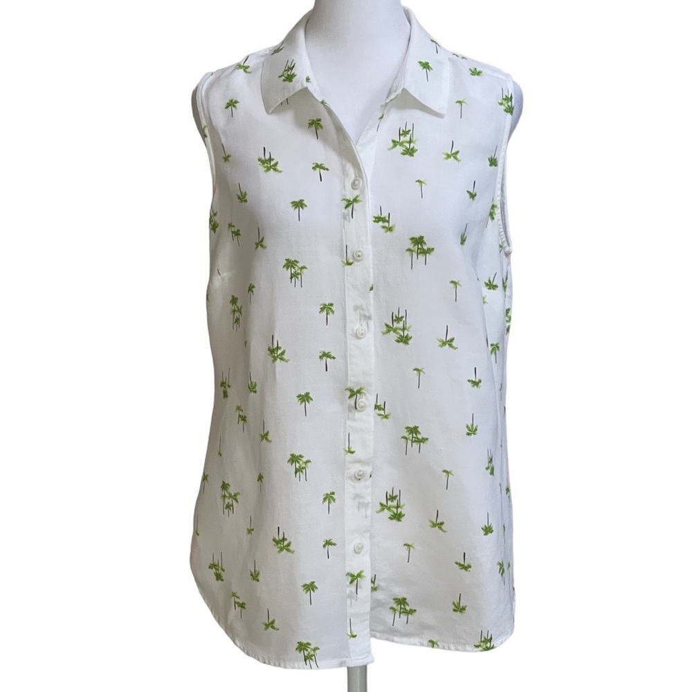 Croft & Barrow Palm Tree Print White Linen Rayon Sleeveless Button Down Top Sz S